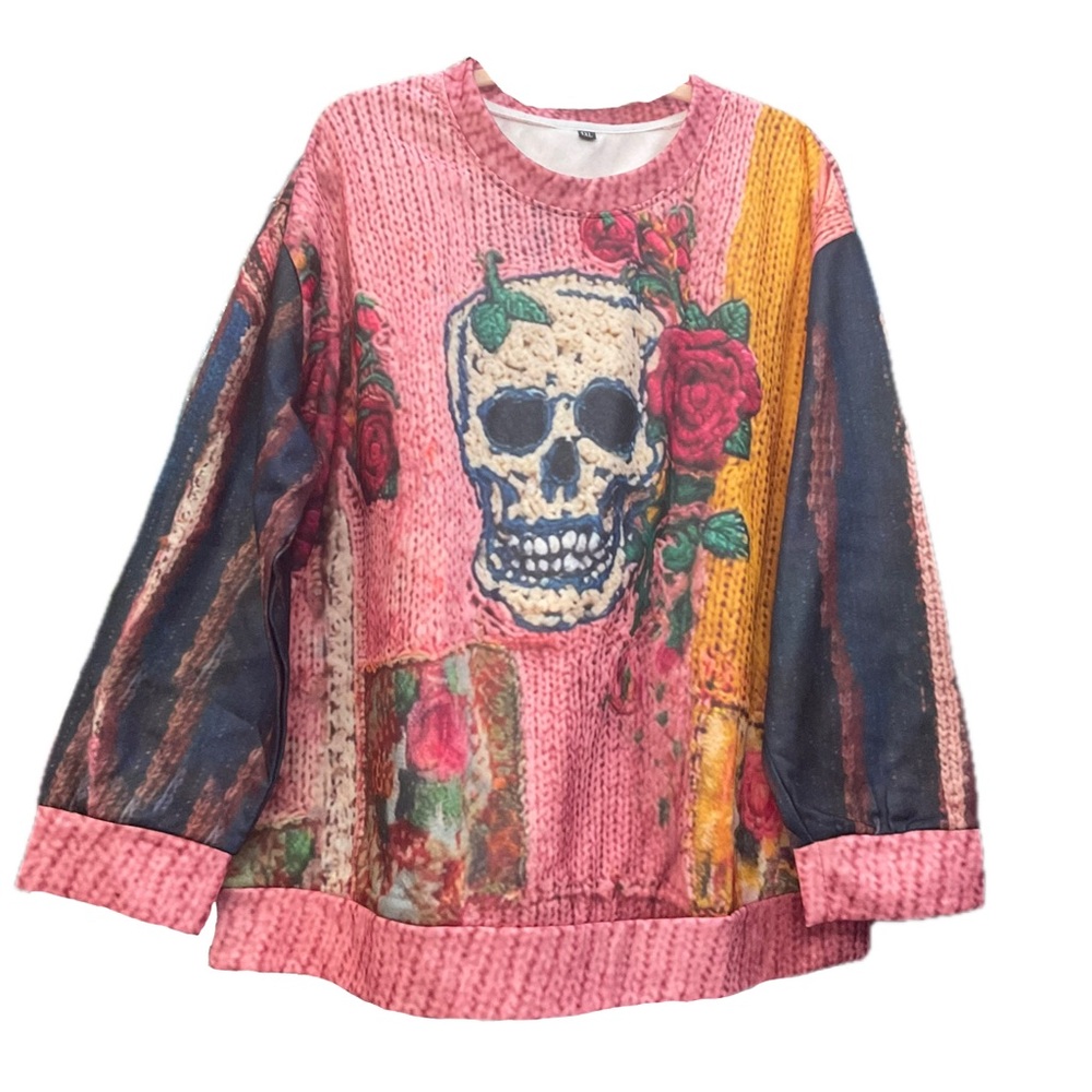 Skull and Roses Sweater look SweatShirt NWOT(runs sm.) 27"p2p. 28" length